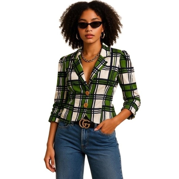 Fabulosity Jackets & Blazers - Fabulosity Blazer Women's L Vintage Green Navy Plaid Button Cotton Stretch Y2K